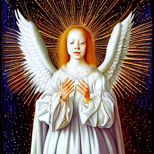 Prompt: highdetailed hyperrealistic painting of white angel!!! no gender!!!, giant ball of miracle light from the chest!!!!!, white sparkles everywhere, lot of fire and stars overhead!!!, by jan van eyck, holography space, glow effect, large strokes, soft and clean, white monochrome color