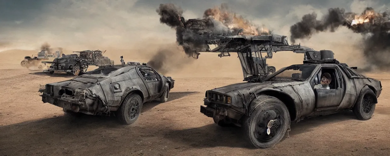 Image similar to Thomas the Tank Engine, the Batmobile and the Delorean in MAD MAX: FURY ROAD