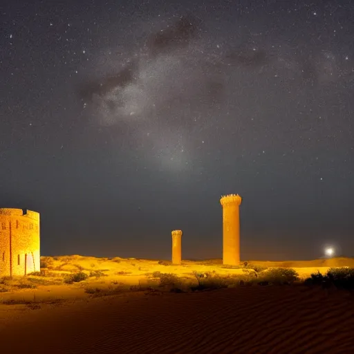 Prompt: desert at night filled with beasts, tall white tower in the background, HD,