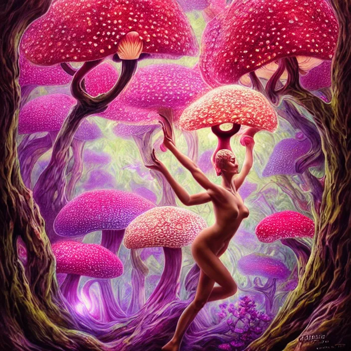 Prompt: extremely psychedelic statue made of orchid and cherry blossom tree and mushroom, LSD, diffuse lighting, fantasy, intricate, elegant, highly detailed, lifelike, photorealistic, digital painting, artstation, illustration, concept art, smooth, sharp focus, art by John Collier and Albert Aublet and Krenz Cushart and Artem Demura and Alphonse Mucha