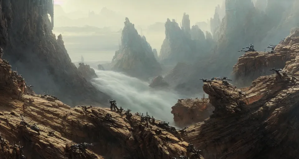 Image similar to hyper realistic sci - fi matte concept art painting of mecha on a cliff overlooking a raging battle, beautiful details, strong composition painted by kim jung guweta studio rutkowski, james gurney and greg rutkowski, and lucasfilm, smooth, intricate, detailed, sharp focus, cinematic