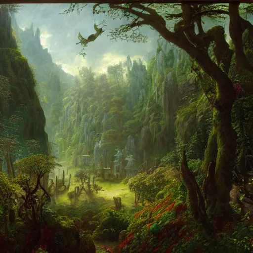 Prompt: a beautiful and highly detailed matte painting of a magical garden of delights in a mystical forest in a dream like valley deep in the misty mountains of avalon, intricate details, epic scale, insanely complex, 8 k, sharp focus, hyperrealism, very realistic, by caspar friedrich, albert bierstadt, james gurney, brian froud,