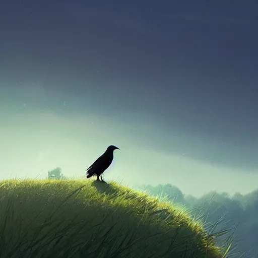 Image similar to a wholesome animation key shot of a crow on a hill, studio ghibli, pixar and disney animation, sharp, anime key art by greg rutkowski, bloom, dramatic lighting