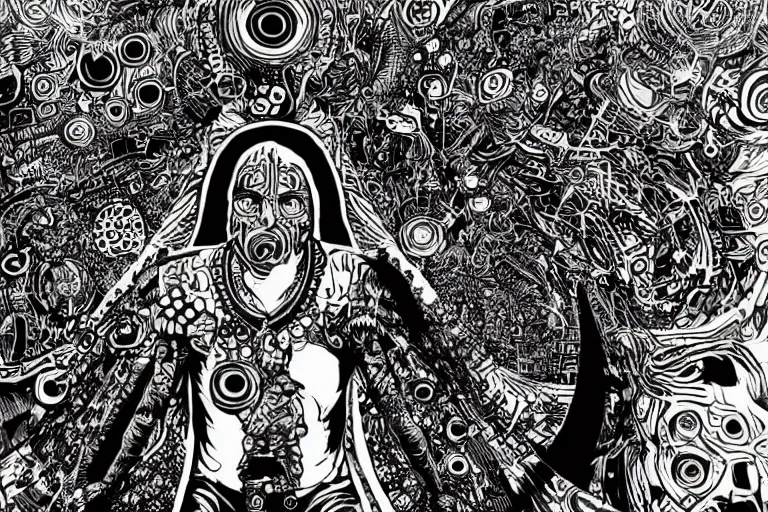 Prompt: psychedelic shaman surrounded by computers by mcbess inside a circular shape, black background, by Philippe Druillet, full colour