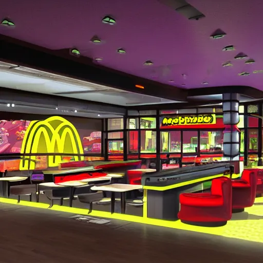 Prompt: cyberpunk mcdonalds in the distant future