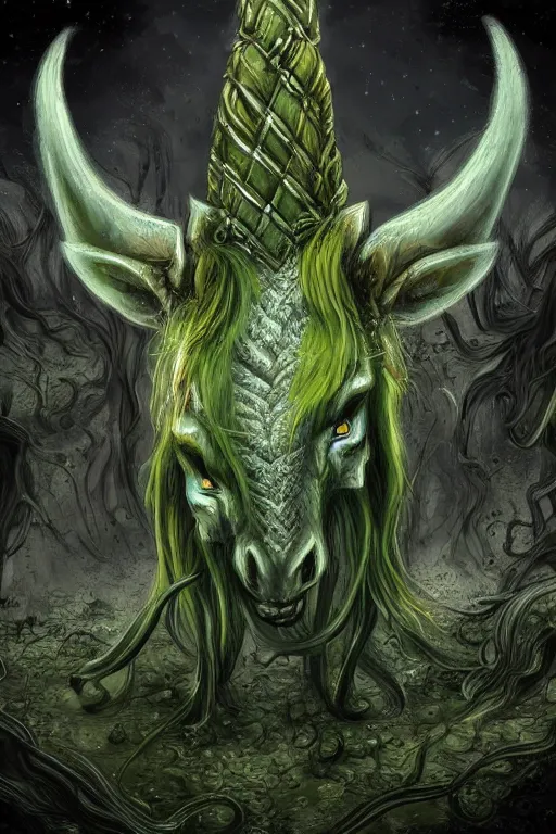 Image similar to nurgle unicorn, symmetrical, highly detailed, digital art, sharp focus, trending on art station, fungus background