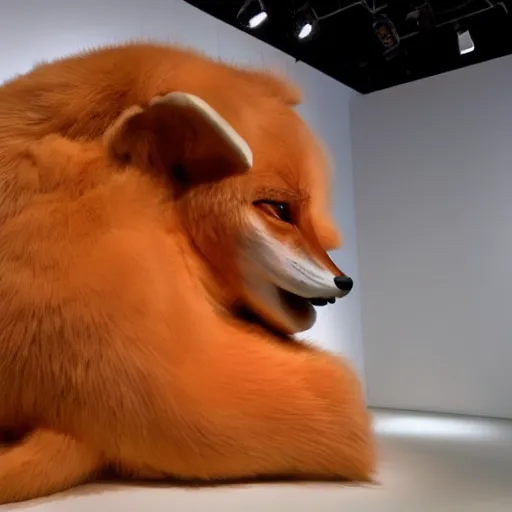 Image similar to rotund obese fox, ron mueck masterpiece in exhibition