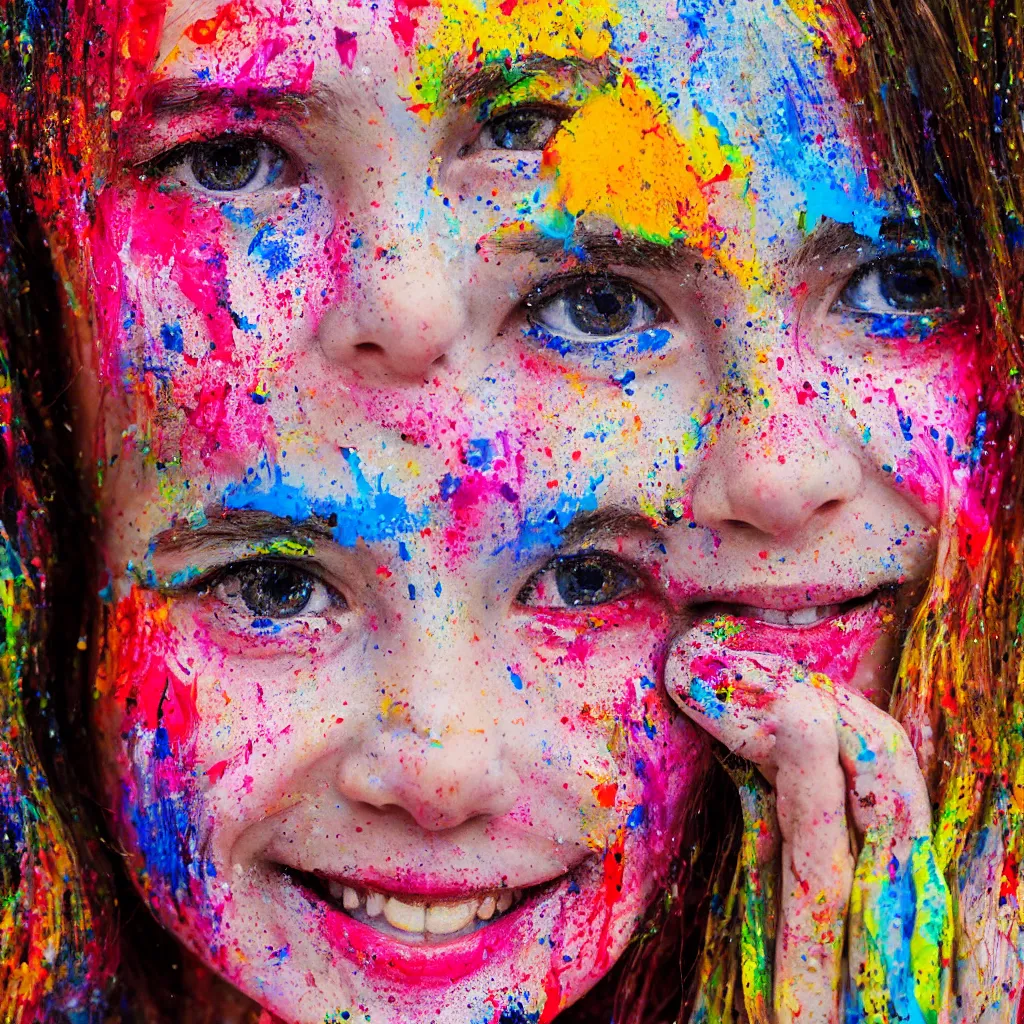 Prompt: Close up of a happy young girls face splattered with paint, painted in the style of the old masters, painterly, thick heavy impasto, expressive impressionist style, painted with a palette knife