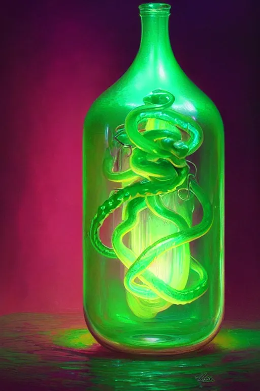 Prompt: Glowing glass jar with a pink tentacle in green liquid, macro, highly detailed, digital painting, artstation, concept art, smooth, sharp focus, volumetric lighting, cinematic, illustration, art by Artgerm and Greg Rutkowski and Alphonse Mucha