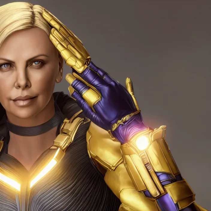 Image similar to portrait of ((Charlize Theron)), wearing The Infinity GAUNTLET. infinity gauntlet. intricate artwork. octane render, trending on artstation, very coherent symmetrical artwork. avengers. thanos. cinematic, hyper realism, high detail, octane render, 8k, iridescent accents