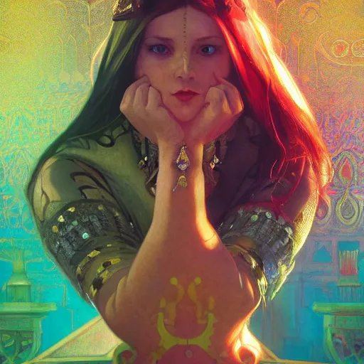 Image similar to a highly detailed chess queen, neon colored, beautiful detail and color, art by john collier and albert aublet and krenz cushart and artem demura and alphonse mucha, volumetric lighting, octane render, 4 k resolution, matte, sharp focus, illustration, art by jacque - louis david, baroque style