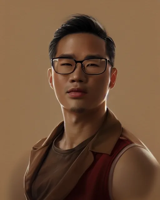 Prompt: Portrait of handsome Asian man, sultry, wearing glasses, with a big pregnant belly, highly detailed, digital painting, artstation, concept art, smooth, sharp focus, illustration, art by Artgerm and Greg Rutkowski