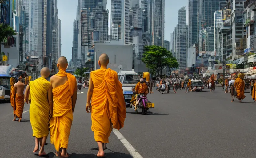 Prompt: In a future Bangkok, yellow-robed monks and huge elephants walk the streets of a bustling city under the hot sun ,by Jamie Jones and greg Rutlkowski ,hyperrealistic rendered in 4k, cinematic composition vray photorealistic focused lighting, HD