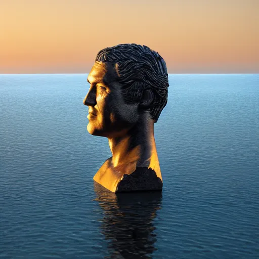 Image similar to a giant sculpture made out of water of a human head on the ocean water, cinematic, in the style of chad knight, long shot, hyper detailed, hyper realistic, ray tracing, 8 k resolution, sharp focus, realistic water, award winning