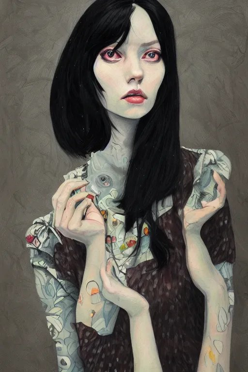 Prompt: portrait of a young cute beautiful woman with dark hair and big dark eyes artwork by Martine Johanna, Jack Gaughan, oil painted, Hikari Shimoda, artstation