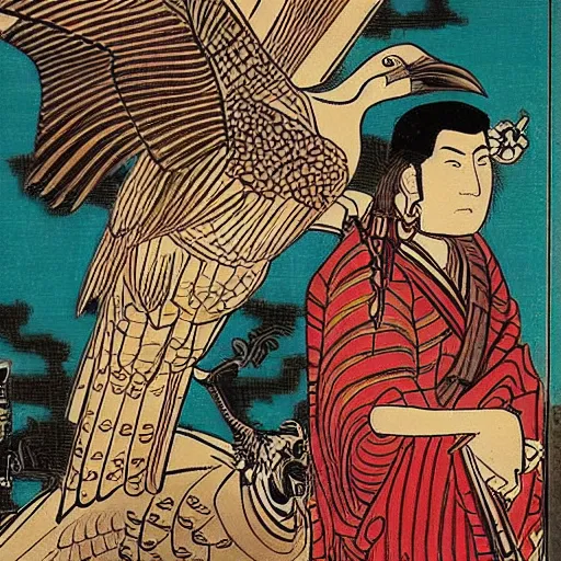 Image similar to A beautiful kinetic sculpture of a man, with an animal skull for a head, and a large bird perched on his shoulder. The man is looking up at the bird with a fierce expression, and the bird is looking back at him with what seems to be an equally intense gaze. vintage Disney by Kunisada