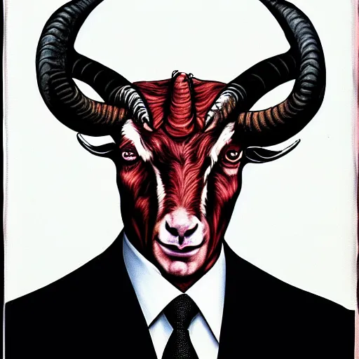 Image similar to portrait of vladimir putin in the image of the devil, with detailed goat horns, red skin and a frightened face his legs are like those of a goat