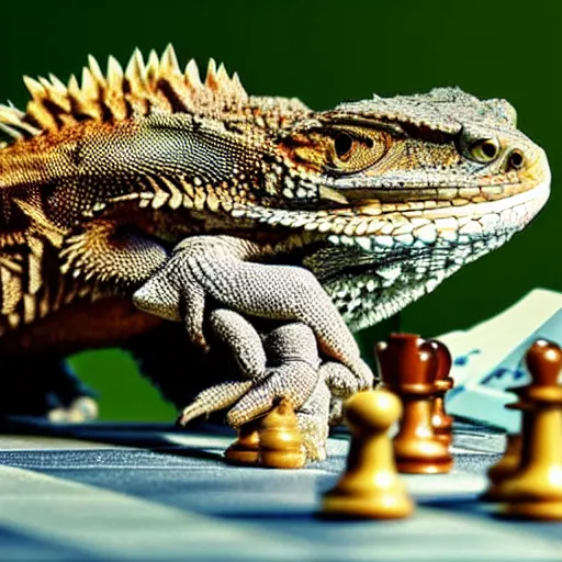 Image similar to a Bearded dragon playing chess, national geographic photo