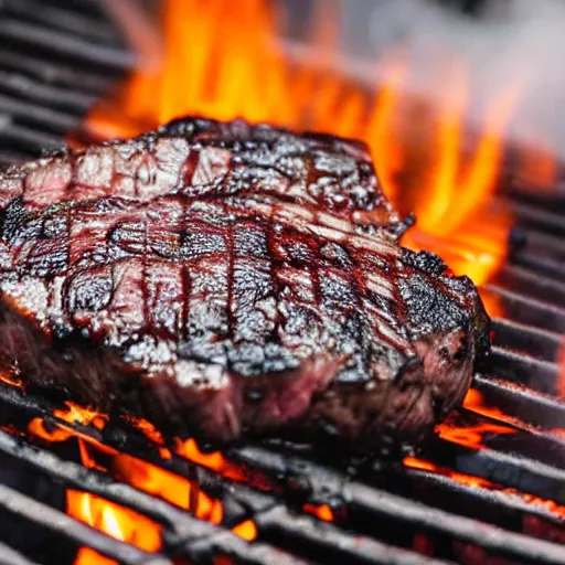 Prompt: a steak cooking on a charcoal grill