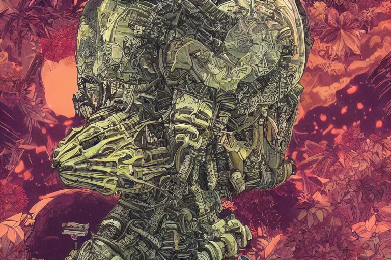 Image similar to gigantic mecha head, a lot of exotic vegetation, trees, flowers by moebius, dull colors, junji ito, tristan eaton, victo ngai, artgerm, rhads, ross draws, hyperrealism, intricate detailed, risograph