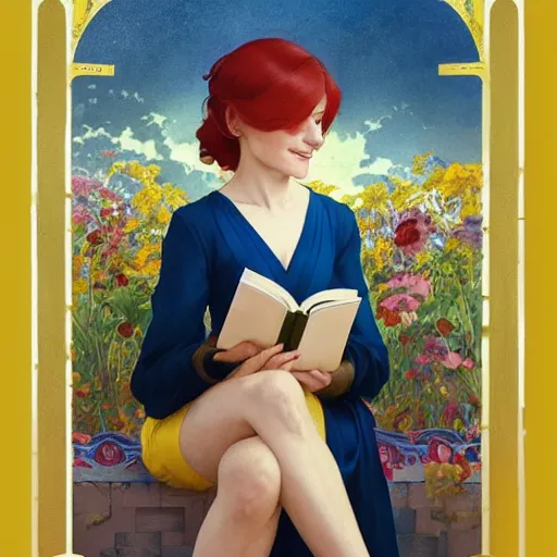 Prompt: a smiling beautiful woman with short red hair wearing a yellow dress and reading a book, blue eyes, masterpiece, intricate, elegant, highly detailed, digital painting, artstation, concept art, smooth, sharp focus, illustration, art by artgerm and greg rutkowski and alphonse mucha and uang guangjian and gil elvgren and sachin teng, symmetry!!