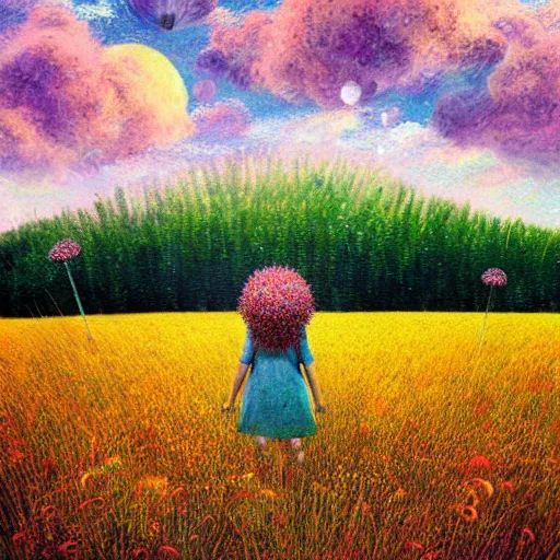 Image similar to girl with dandelion head, surreal photography, dream, standing in flower field, hills, big trees, sunrise dramatic light, impressionist painting, colorful clouds, digital painting, pointillism, artstation, simon stalenhag