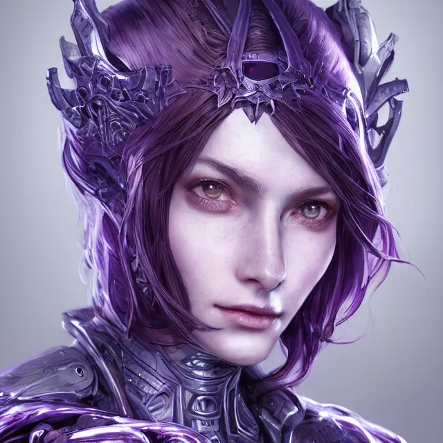 Prompt: facial portrait of a pale woman in sci - fi armor with a flowing purple, elegant, stoic, intense, ultrafine hyperdetailed illustration by kim jung gi, irakli nadar, intricate linework, sharp focus, bright colors, octopath traveler, final fantasy, hearthstone, highly rendered, global illumination, radiant light, detailed, intricate environment