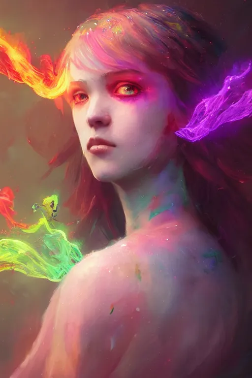 Image similar to a fancy portrait of a young Demon girl covered in rainbow flames by Greg Rutkowski, Sung Choi, Mitchell Mohrhauser, Maciej Kuciara, Johnson Ting, Maxim Verehin, Peter Konig, final fantasy , 8k photorealistic, cinematic lighting, HD, high details, atmospheric , trending on artstation