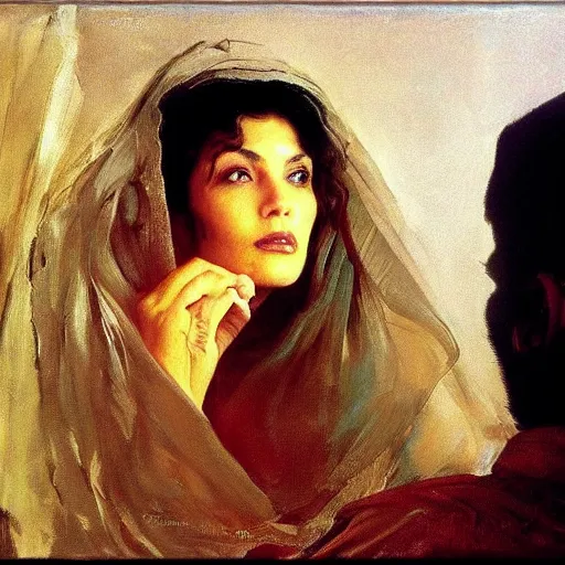 Image similar to a stunning masterful portrait of a confident arab woman with perfect hair by andrew wyeth, john singer sargent, and norman rockwell, natural light, oil painting, ethereal, wong kar wai, strong brushwork