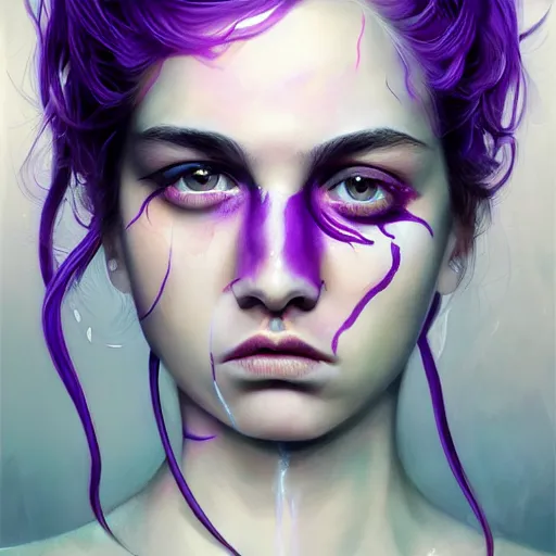 Prompt: detailed art portrait of a furious teen girl with thin, hair-like purple tentacles on her head and bright purple eyes, 8k,by tristan eaton, Stanley Artgermm,Tom Bagshaw,Greg Rutkowski,Carne Griffiths,trending on DeviantArt, face enhance,hyper detailed ,full of colour, dramatic light