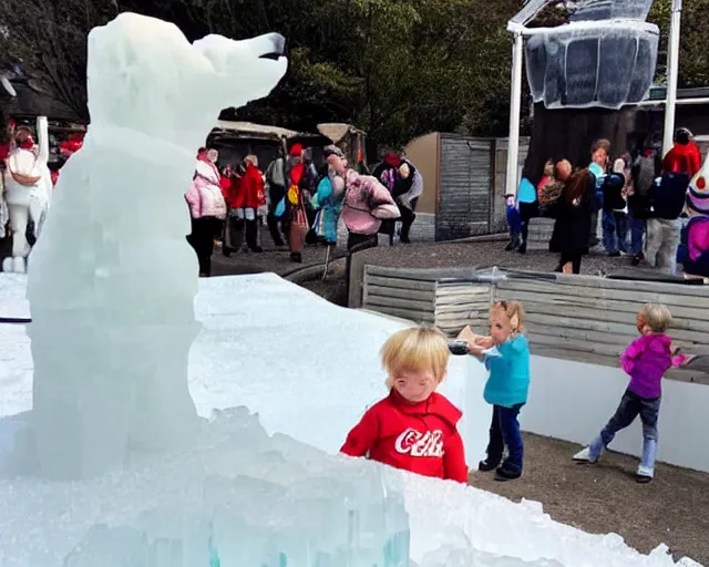 Image similar to ice sculpture. there is a little blonde boy trapped in the figurine made of ice. antartica. coca cola polar bear cheers on. concerned parents looking down from a zoo railing.