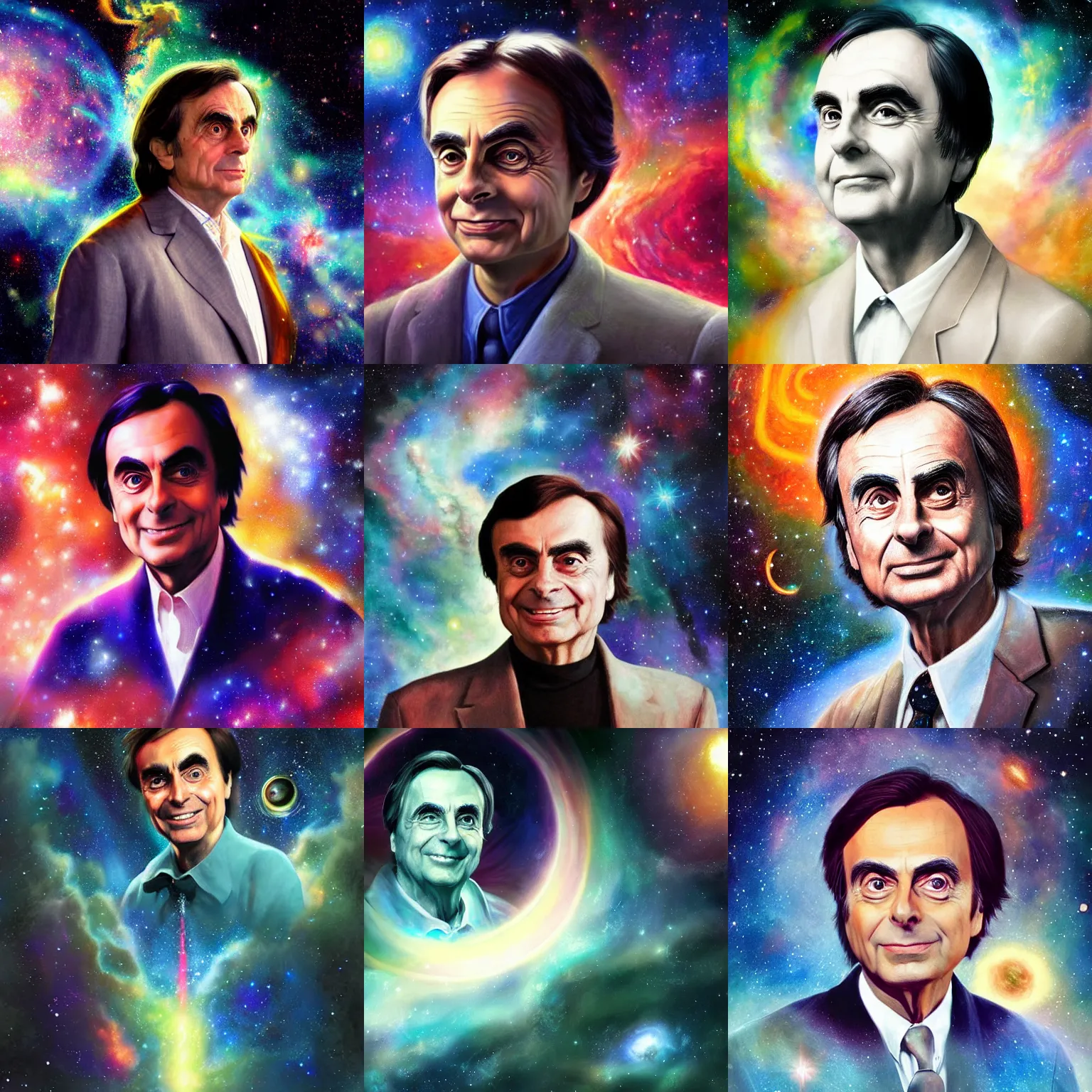 Prompt: portrait of Carl Sagan in the space with nebulae, realistic painting, classical painting, high definition, digital art, matte painting, very detailed, realistic