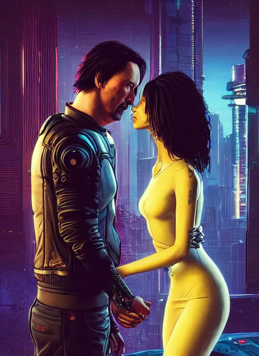 Image similar to a cyberpunk 2077 couple portrait of Keanu Reeves & female android in final kiss,love,by Laurie Greasley,Lawrence Alma-Tadema,Dan Mumford,artstation,deviantart,FAN ART,full of color,Digital painting,face enhance,highly detailed,8K,octane,golden ratio,cinematic lighting