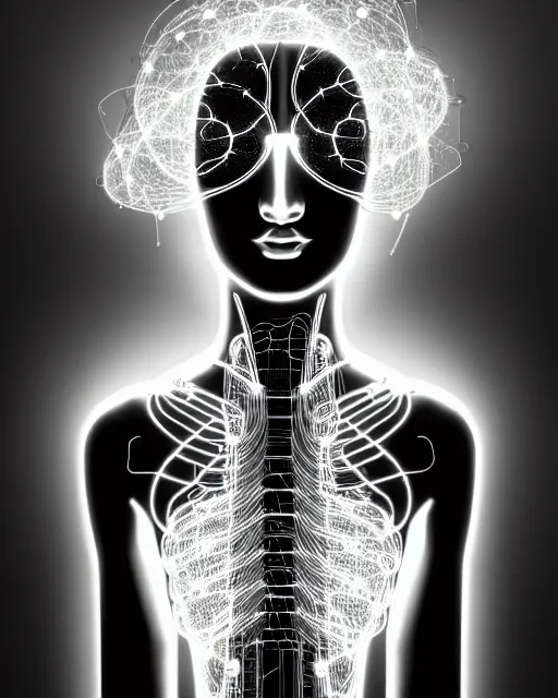 Image similar to black and white spiritual connected young female cyborg - plant goddess high quality photo, microchip, artificial intelligence, bio - mechanical bio - luminescence, black wired cables, neurons, nerve cells, cinematic, rim light, photo - realistic, elegant, high detail, 8 k, masterpiece, high fashion