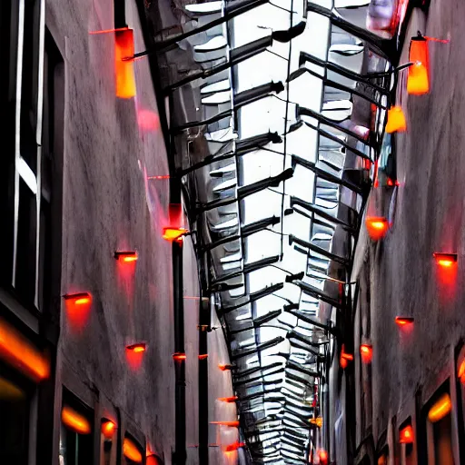 Prompt: red fluorescent tubes suspended above a city alleyway, beautiful lighting installation inspired by lumiere, night time photography, dramatic lighting