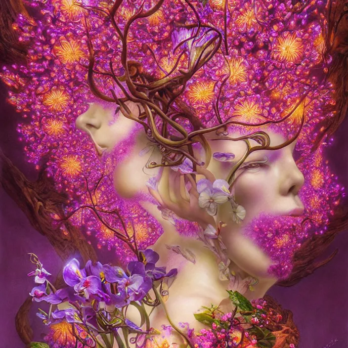 Image similar to extremely psychedelic statue made of orchid and cherry blossom tree and mushroom, LSD, diffuse lighting, fantasy, intricate, elegant, highly detailed, lifelike, photorealistic, digital painting, artstation, illustration, concept art, smooth, sharp focus, art by John Collier and Albert Aublet and Krenz Cushart and Artem Demura and Alphonse Mucha