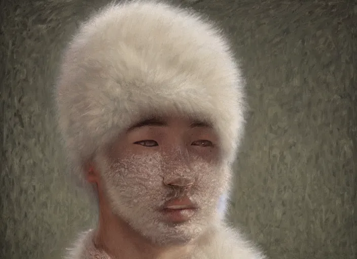 Image similar to man with face made out of white fur, exterior airport, portrait face, in the style of jeremy enecio, intricate, miles johnston, monet, cynical realism, john william godward, painterly, yoshitaka amano, miles johnston, louise zhang, pekka halonen, finnish naturalism, realism