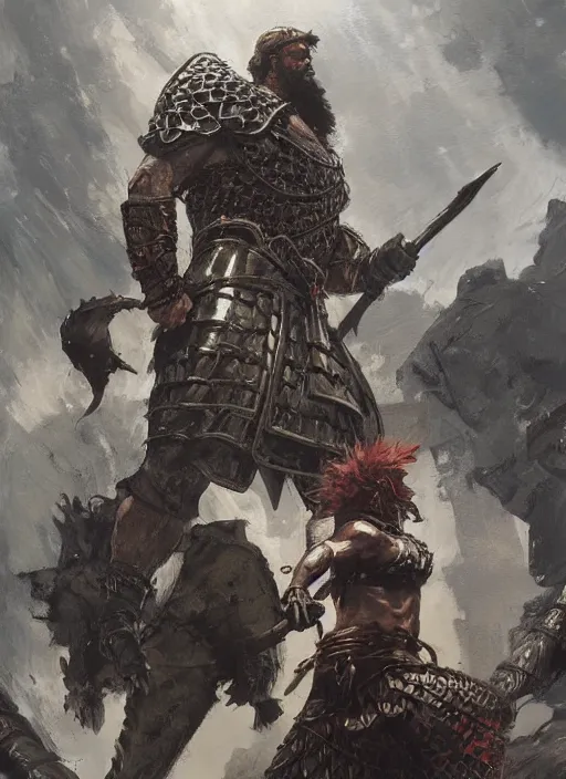 Image similar to ancient historically accurate depiction of the Bible Character Goliath of Gath, the Philistine warrior giant in ancient persian chainmail armor, dramatic lighting art by Yoji Shinkawa by Richard Schmid by greg rutkowski by Sandra Chevrier by Jeremy Lipking cinematic dramatic