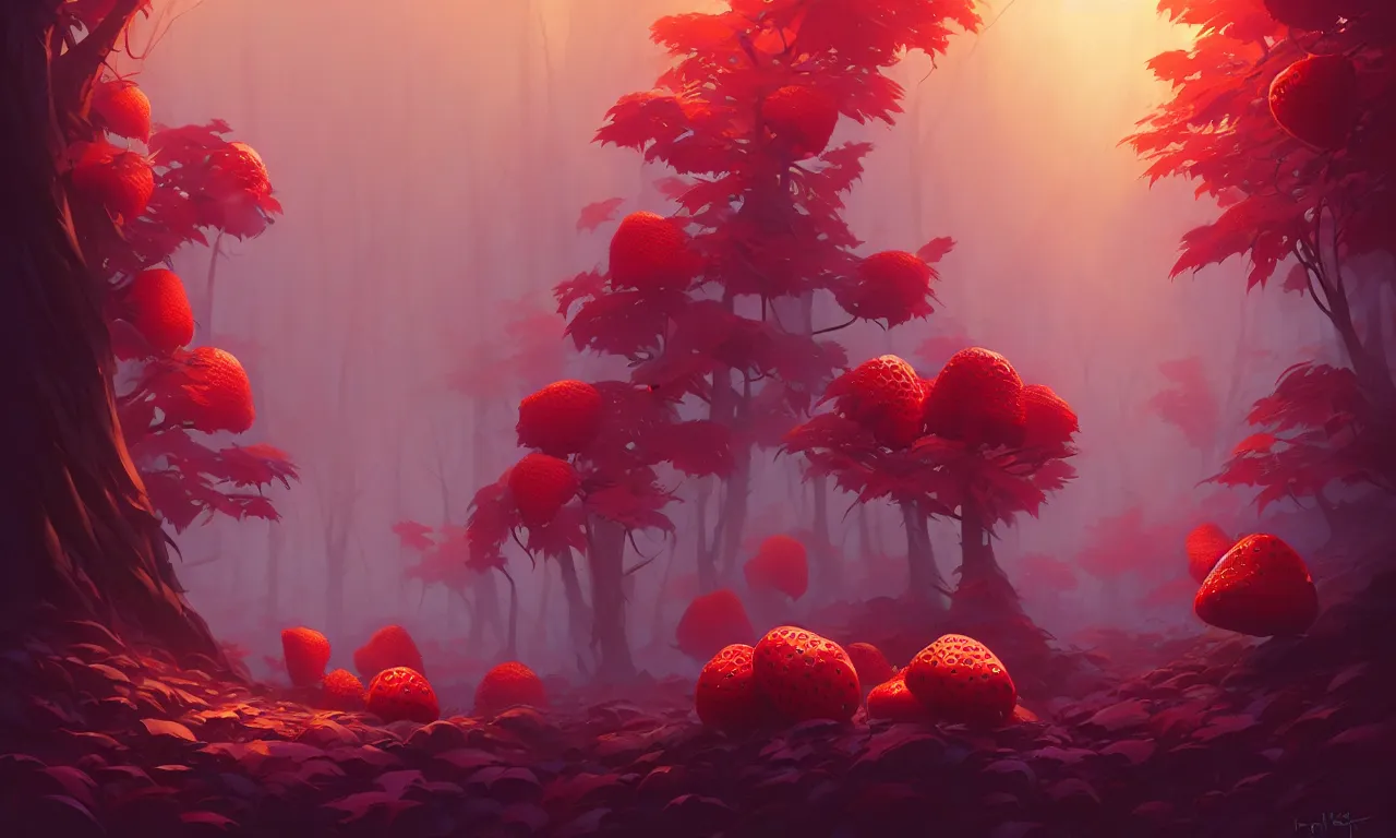 Image similar to Dark forest large strawberries, behance hd by Jesper Ejsing, by RHADS, Makoto Shinkai and Lois van baarle, ilya kuvshinov, rossdraws global illumination