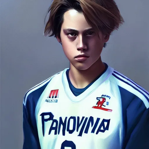 Prompt: A ultradetailed beautiful portrait panting of Cole Sprouse wearing a volleyball jersey, Oil painting, by Ilya Kuvshinov, Greg Rutkowski and Makoto Shinkai