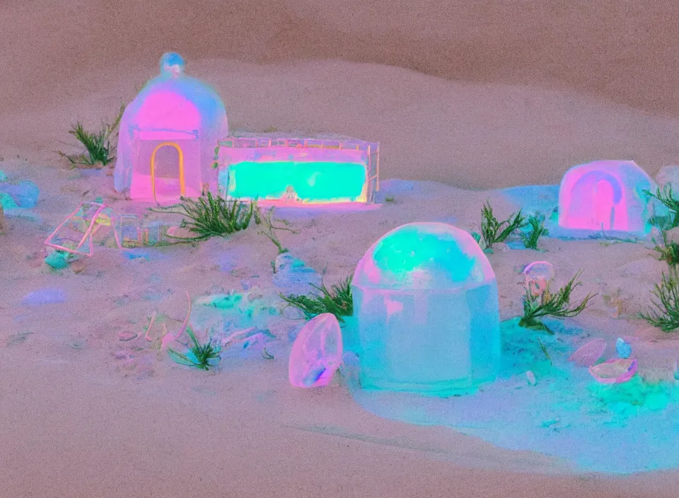 Prompt: a pastel coloured vintage family holiday photo of an empty beach from an alien dreamstate world with chalky pink iridescent!! sand, reflective lavender ocean water, dim bioluminescent plant life and an igloo shaped plastic transparent snack bar surrounded by holiday clutter opposite a pit with an iridescent blue flame flickering. glare. refraction, volumetric light.