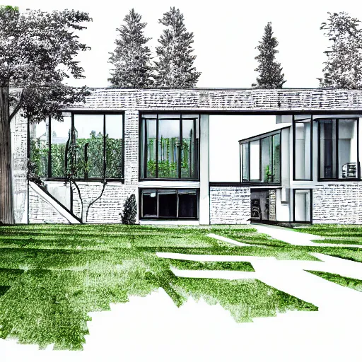 Image similar to an architectural drawing of a modern house with a courtyard, detailed, lush,