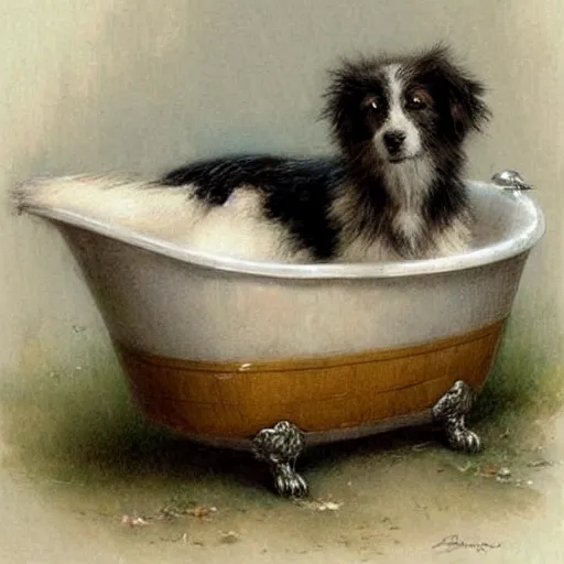 Image similar to ( ( ( ( ( cute dog inside a bathtub. muted colors. ) ) ) ) ) by jean - baptiste monge!!!!!!!!!!!!!!!!!!!!!!!!!!!