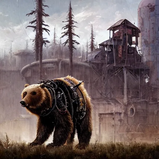 Image similar to a steampunk cyborg grizzly bear walking in a wasteland, abandoned barn in the background, collapsed water tower, painting by Greg Rutkowski, Felix Kelly and Syd Mead, high detail, atmospheric lighting, matte painting, 4k UHD