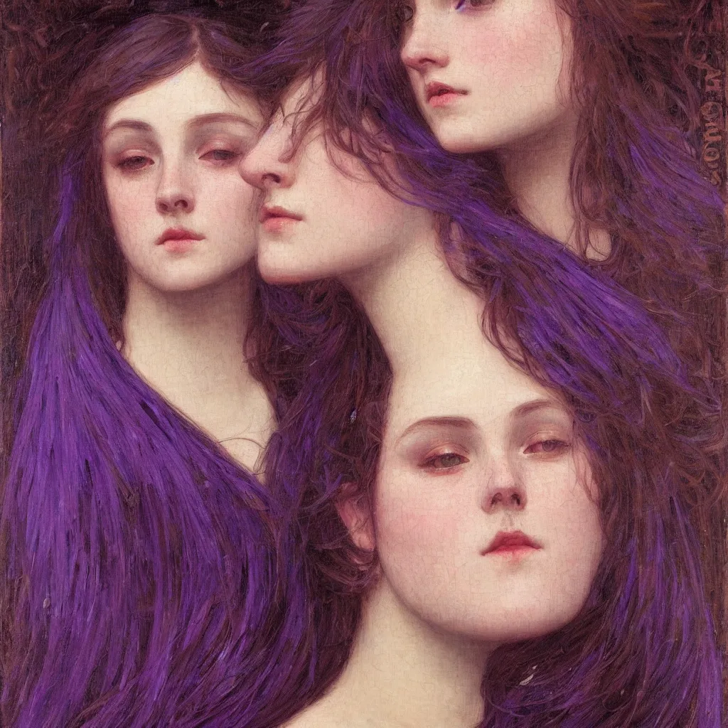 Image similar to purple, character portrait of purple, by waterhouse, by mucha, lean face, symmetrical face, face symmetry, cinematic lighting, beautiful, elegant, oil painting, cinematic, portrait, raphaelite, trending on artstation, intricate background