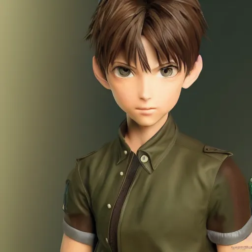 Image similar to a brown haired green eyes boy in a dynamic pose. character design. gesture drawing. line of action. official art, unreal engine 5, unreal engine. tetsuya nomura. medium shot. ray tracing hdr. 8 k. uhd. sharp focus. highly detailed. masterpiece. anime render. cinematic lighting. lifelike. symmetrical face. beautiful face