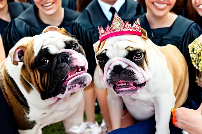 Image similar to a crowd of high school graduates petting an english bulldog wearing a crown