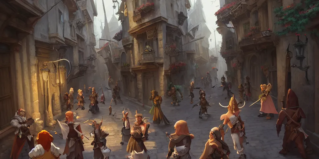 Image similar to an exciting fantasy street battle within a fascinating old city, photo-real characters, narrow streets, old buildings, by Sylvain Sarrailh, cinematic, simple but effective composition, clean lines, beautiful digital painting, oil painting, ultra photo-real render, great character design, dungeons and dragons, lord of the rings, close up characters, fantasy races