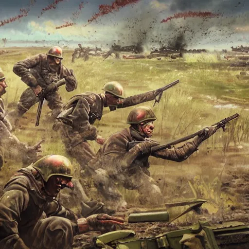 Prompt: ironman shooting machine guns against nazi germany on the bloody muddy battlefield of world war painted by wlop