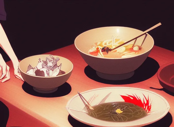 Image similar to a film still portrait of a bowl with sukiyaki, finely detailed features, closeup at the food, perfect art, at a dinner table, gapmoe yandere grimdark, trending on pixiv fanbox, painted by greg rutkowski makoto shinkai takashi takeuchi studio ghibli, akihiko yoshida